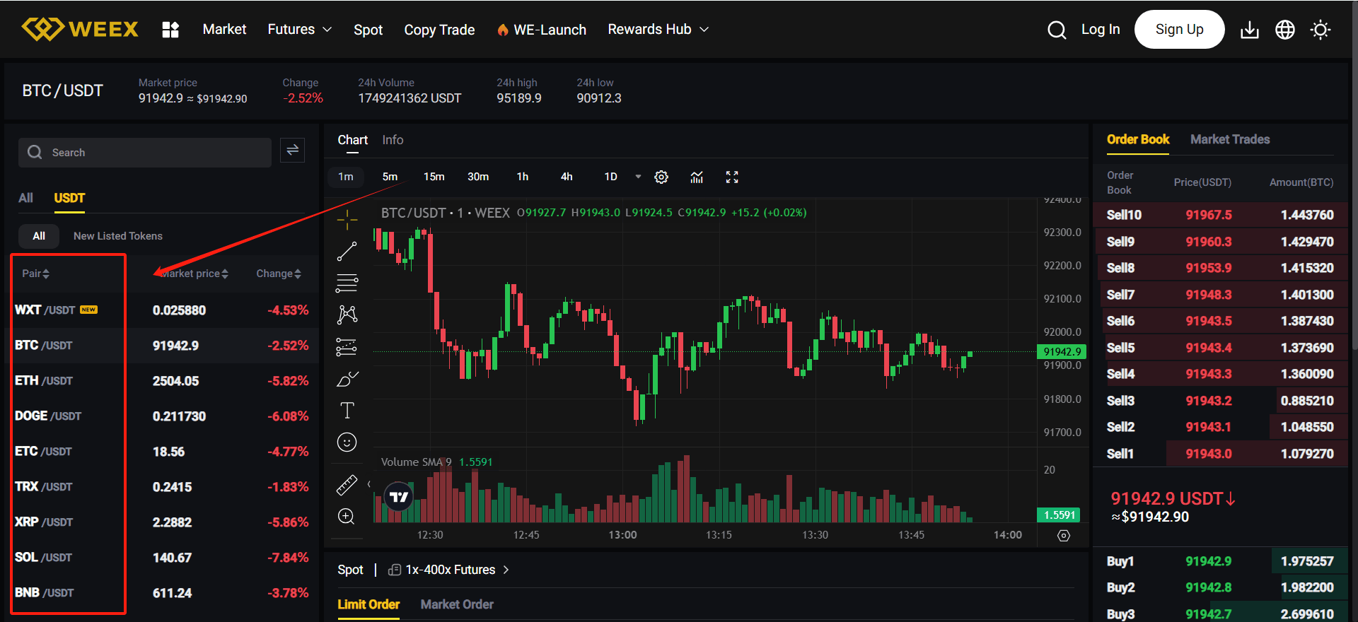Select a Trading Pair On WEEX