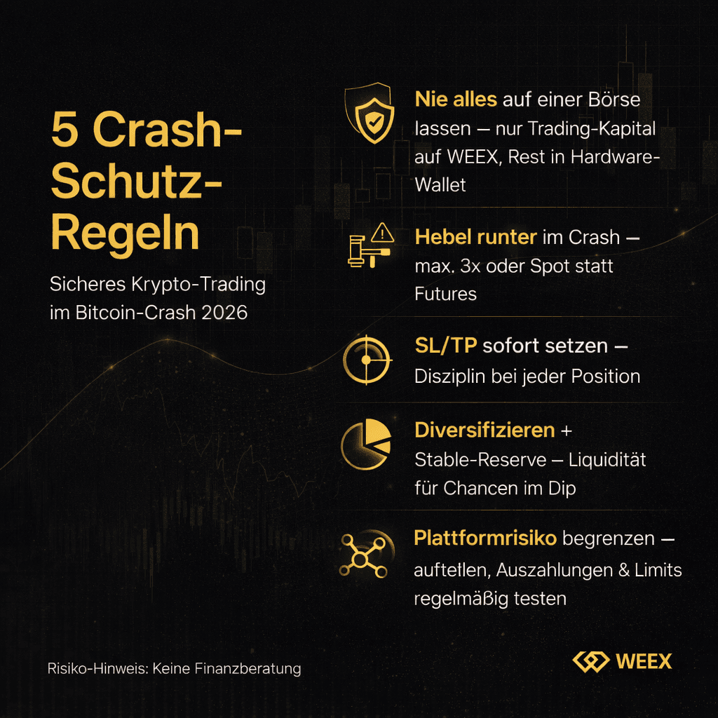 Infografik zu „5 Crash-Schutz-Regeln“: Diversifikation, SL/TP setzen, Hebel reduzieren, Plattformrisiko begrenzen und nicht alles auf einer Börse halten.