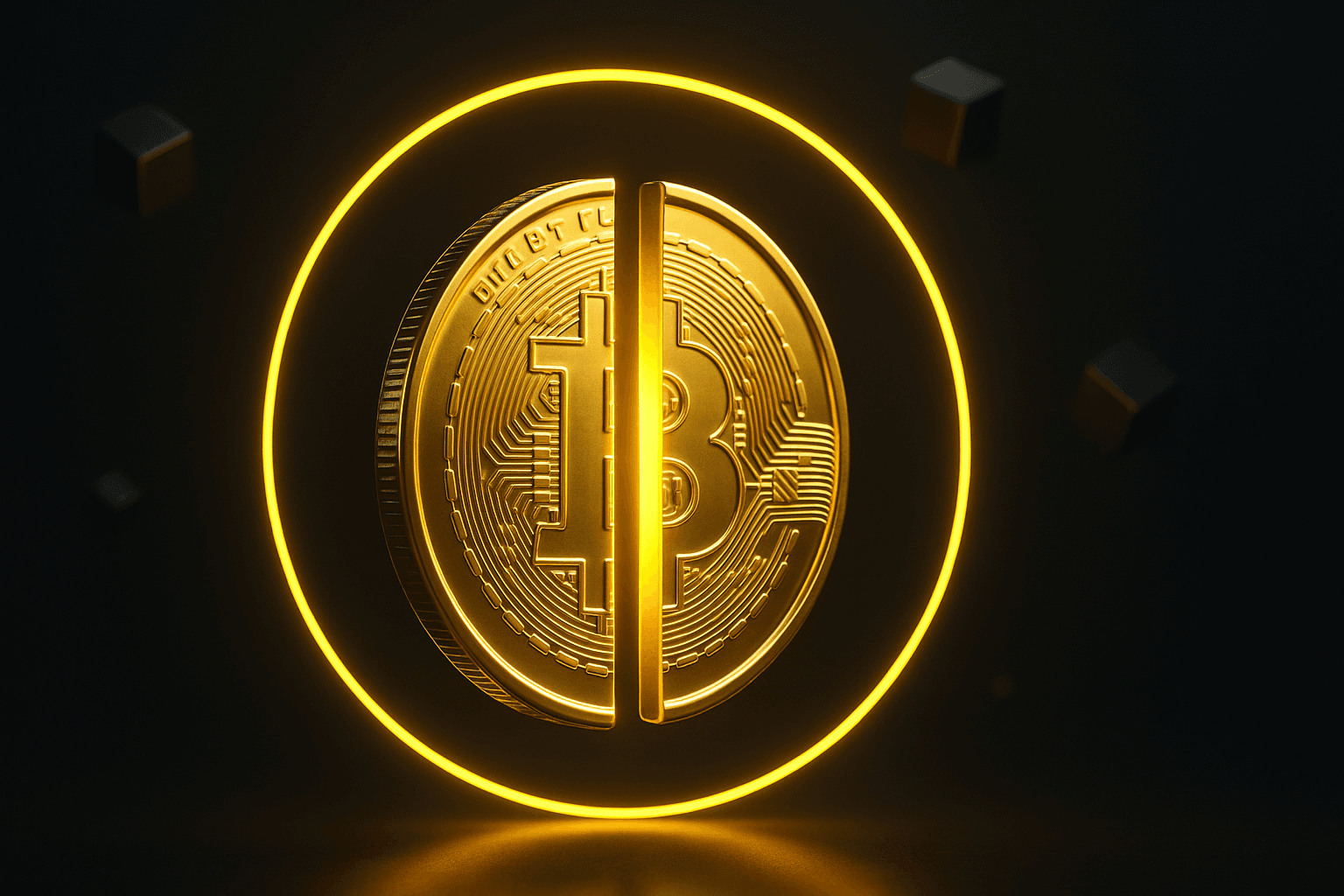 Goldenes Bitcoin-Symbol mit leuchtender Halbierungsgrafik, Darstellung des Bitcoin-Halvings als Angebotsschock-Event im Krypto-Markt.