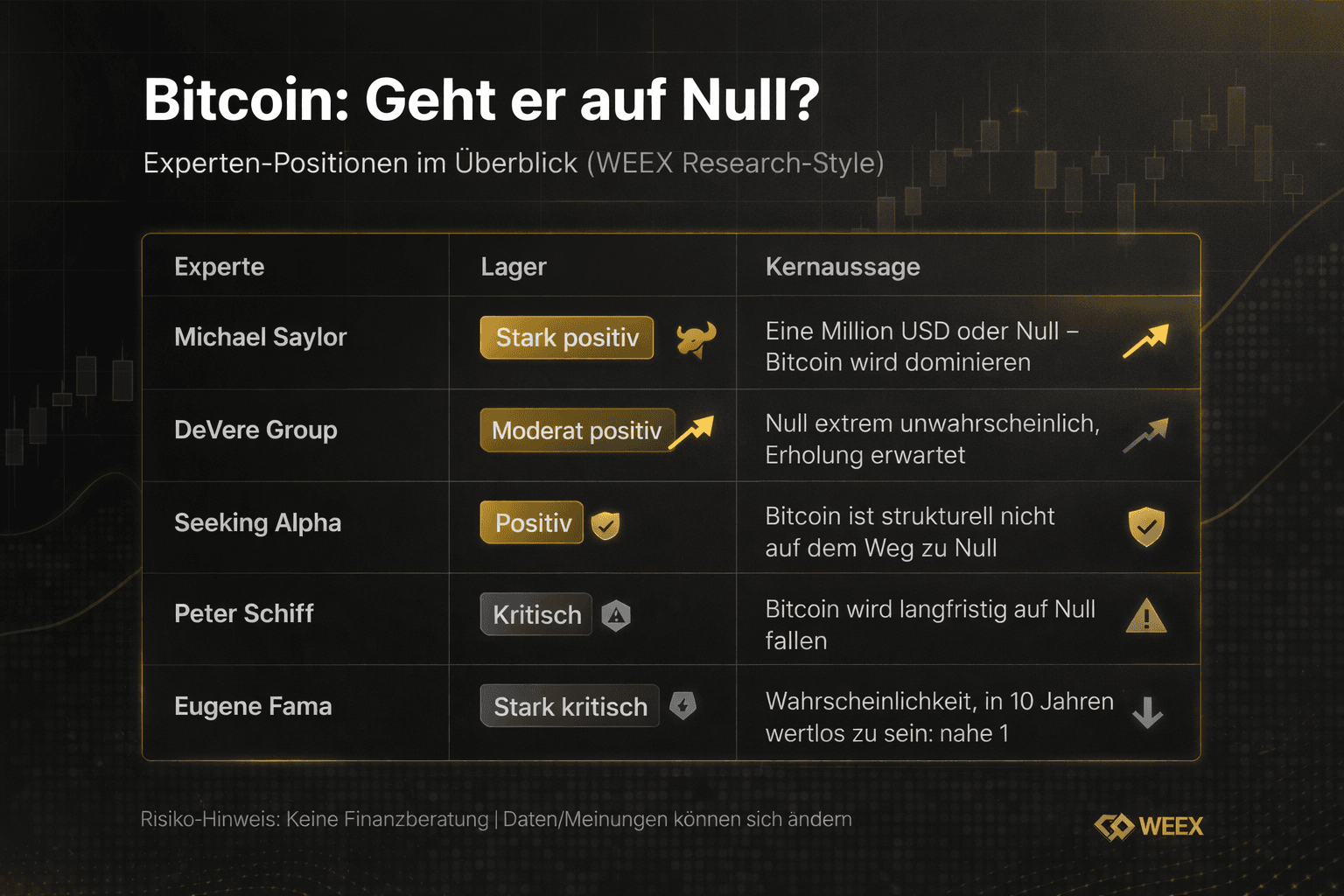 Bitcoin: Geht er auf Null?“ – Experten-Positionen von optimistisch (Saylor: 1 Mio. USD) bis kritisch (Peter Schiff, Eugene Fama: wertlos).