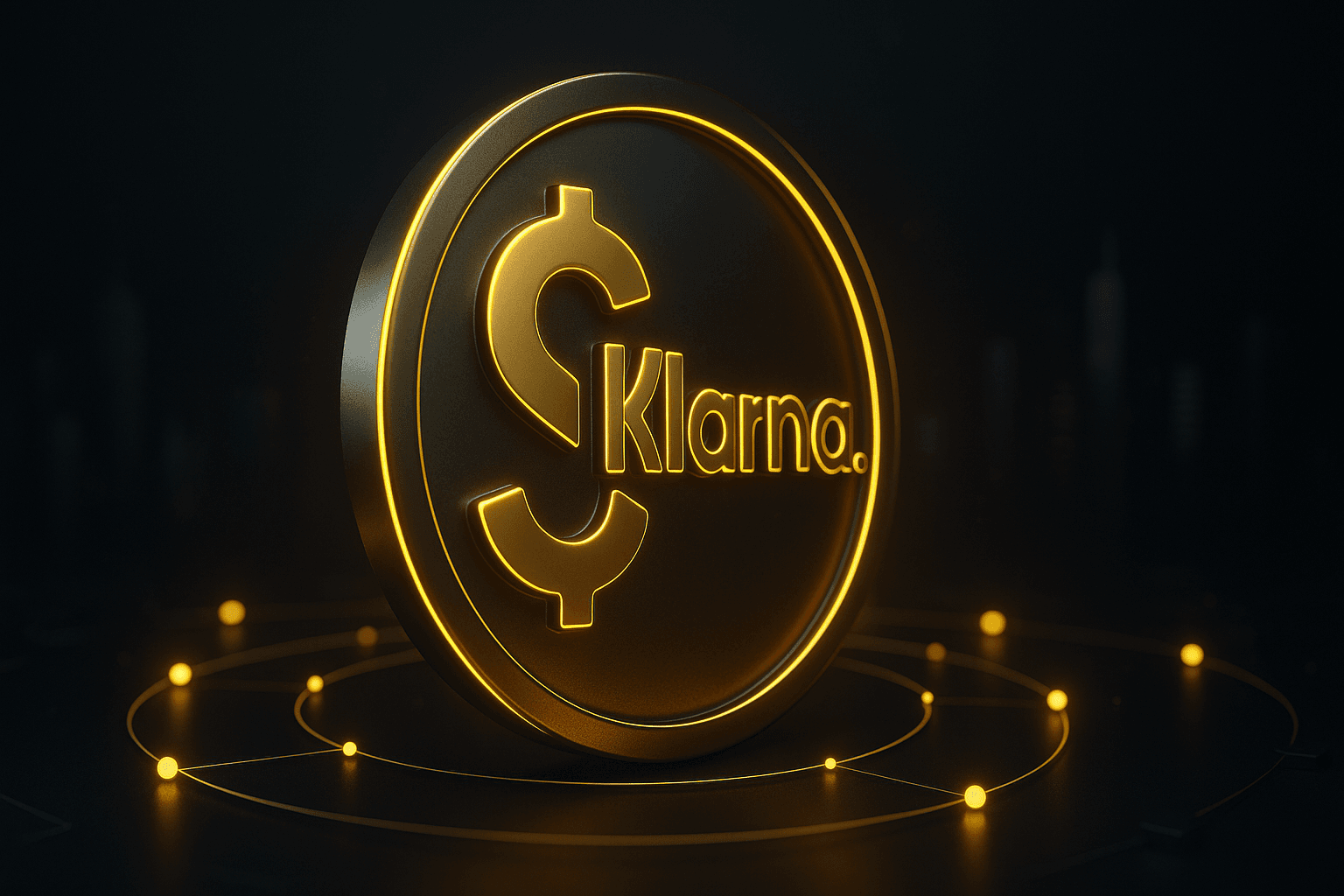 Glänzende digitale Münze mit Klarna-Logo symbolisiert KlarnaUSD Stablecoin, moderne Zahlungstechnologie und Blockchain-Finanzsystem.