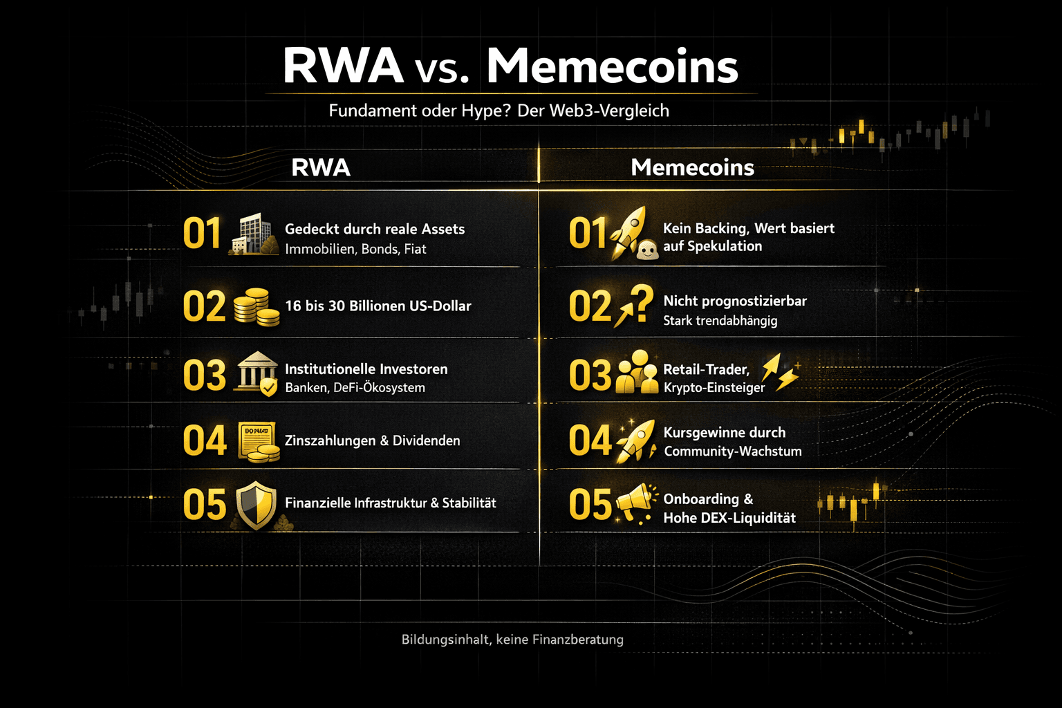 Infografik: RWA vs. Memecoins – Web3-Vergleich in 5 Punkten (Deckung durch reale Assets vs. Spekulation, Marktgröße vs. Trendabhängigkeit).