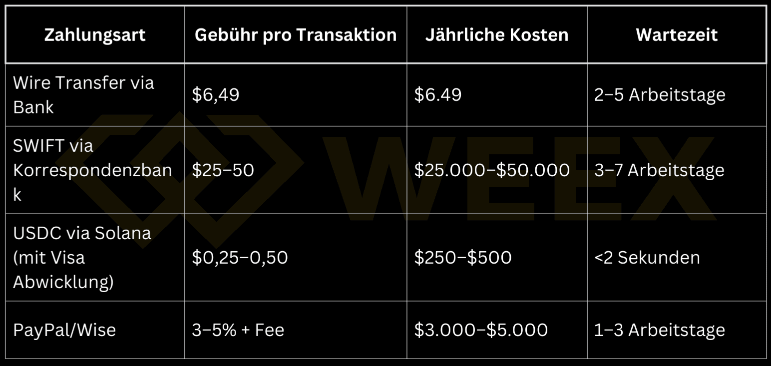 Vergleich von Zahlungsarten: Banküberweisung, SWIFT, USDC über Solana und PayPal/Wise nach Gebühren, jährlichen Kosten und Wartezeiten.