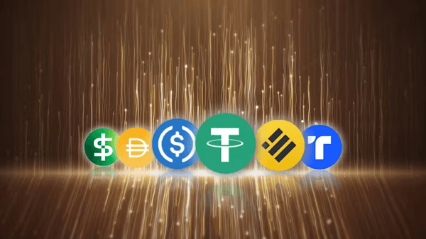 Icons führender Stablecoins wie USDC, EURC, USD, Tether und Binance vor goldenem Licht, Symbol für Stablecoins, Krypto-Zahlungen und digitales Finanzökosystem.