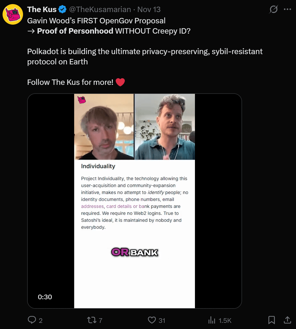 Tweet über Gavin Woods Vorschlag zu „Proof of Personhood“ ohne Ausweis. Zwei Sprecher in Videocall, Fokus auf Privatsphäre und Sybil-Resistenz bei Polkadot.