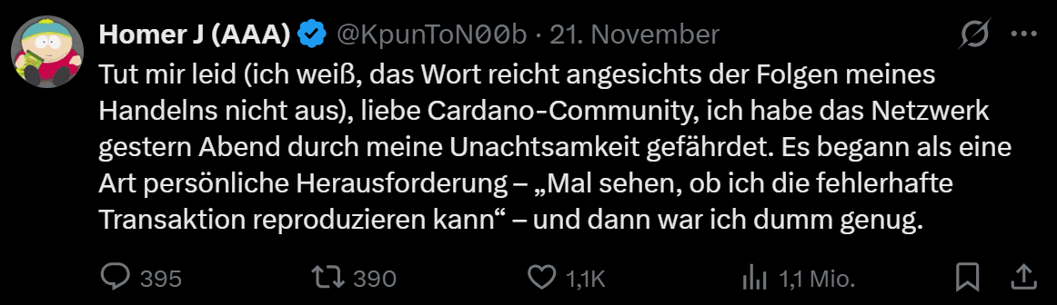 Tweet über ein Cardano-Netzwerkproblem, bei dem ein Nutzer seine Unachtsamkeit gesteht und sich öffentlich bei der Cardano-Community entschuldigt.