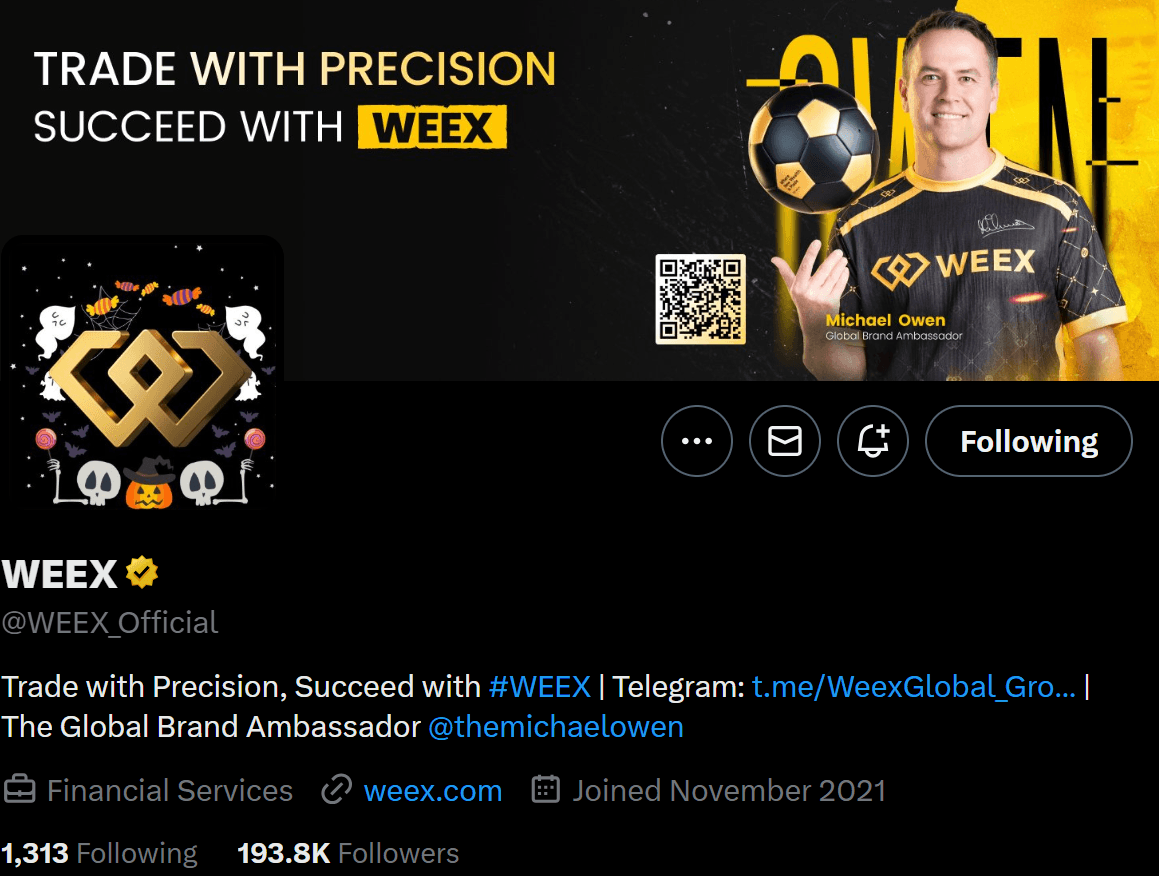 WEEX-Twitter-Profil mit Michael Owen im WEEX-Trikot und dem Slogan „Trade with Precision, Succeed with WEEX“. Profil zeigt 193,8 Tsd. Follower.