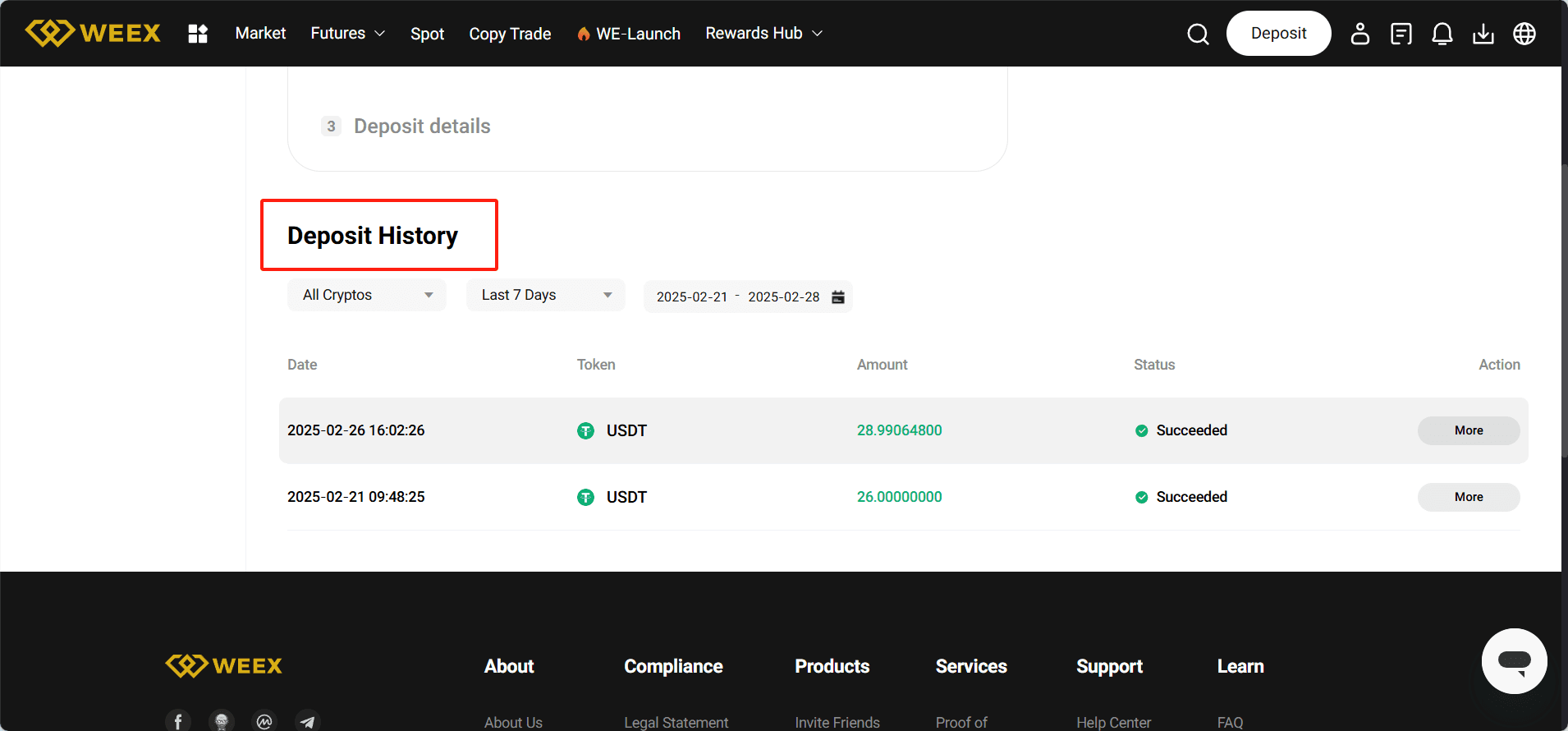 WEEX Deposit History