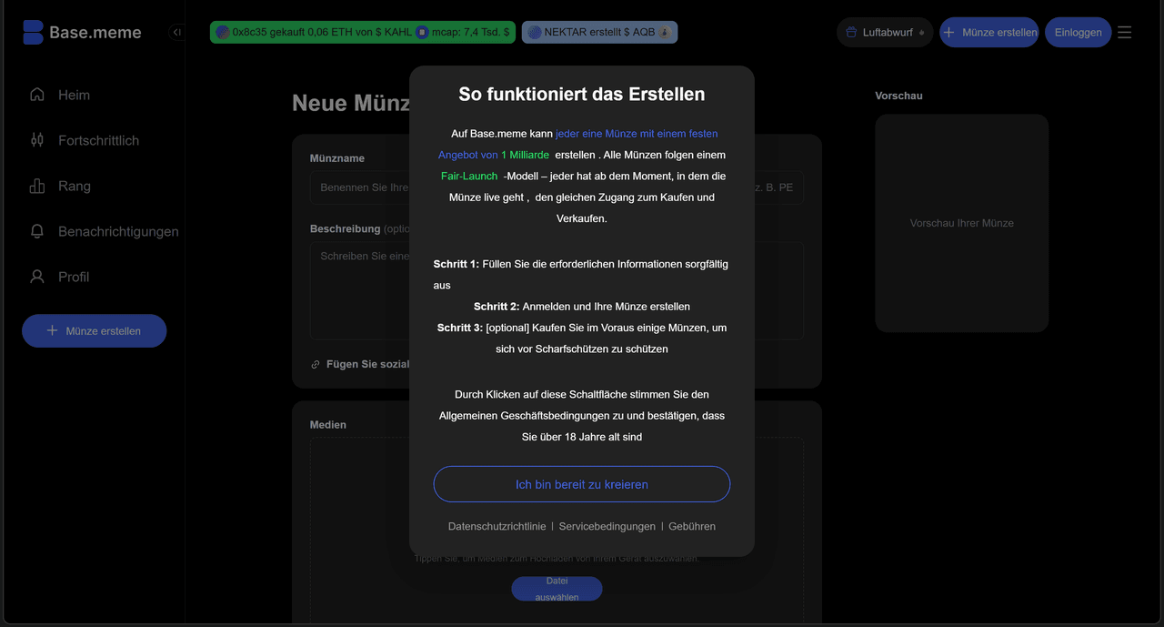 Pop-up auf Base.meme erklärt das Erstellen einer neuen Münze mit 1 Mrd. Angebot und Fair-Launch-Modell.
